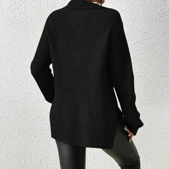 Black Casual Women's Half Zip Drop Shoulder Grain Sweater - Picture 3 of 7